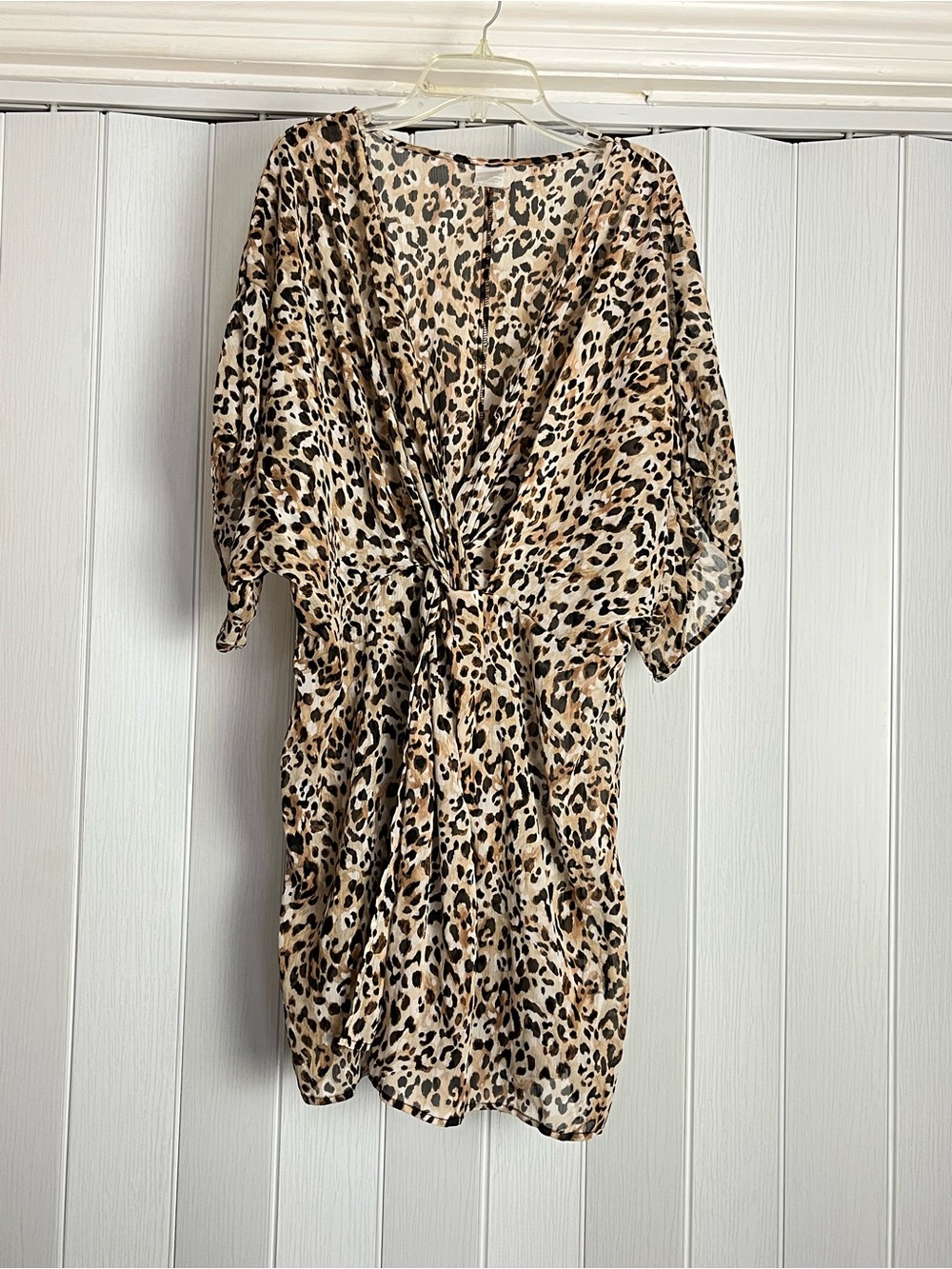 Time and Tru Leopard Print Twist Front Swim Cover Up Dress V-Neck Kimono Sleeve